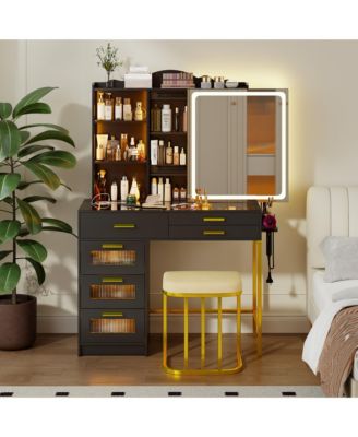 Vanity Desk Set with RGB Mirror, Charging Station And Chair