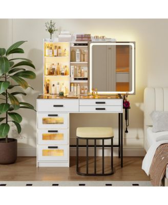Vanity Desk Set with RGB Mirror, Charging Station And Chair