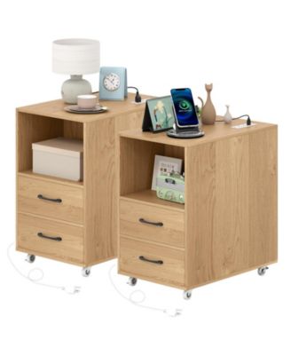 2PCS End Table w/Built-in Charging Station USB Ports Outlets 2 Drawers 3 Shelves