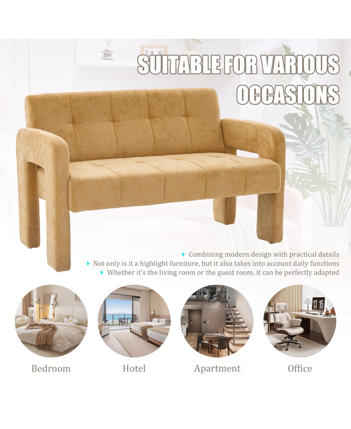 Rainsken 47" Loveseat Sofa, Chenille Upholstered 2 Seater Couch with Deep Seat and Dual Armrests, Compact Sofa for Living Room and Small Spaces