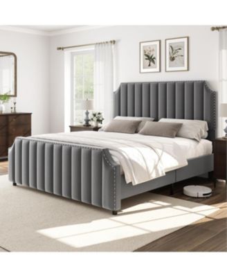 Velvet Upholstered Platform Bed with Tall Tufted Headboard and Nailhead Trim