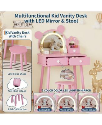 Bear-Shaped Lighted Mirror Kids Vanity Table and Chair Set - Wooden Princess Makeup Desk with Stool, Storage Drawers