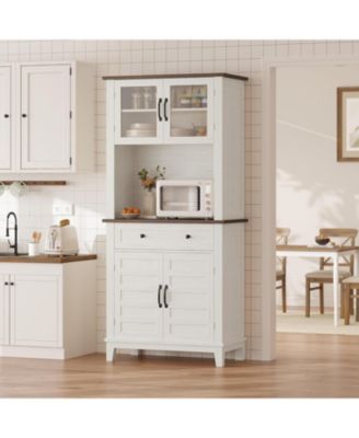 72 in Tall Kitchen Pantry Cabinet, Kitchen Hutch Bar Cabinet with Microwave Stand, Cupboard with Drawers Glass Doors for Dining Room