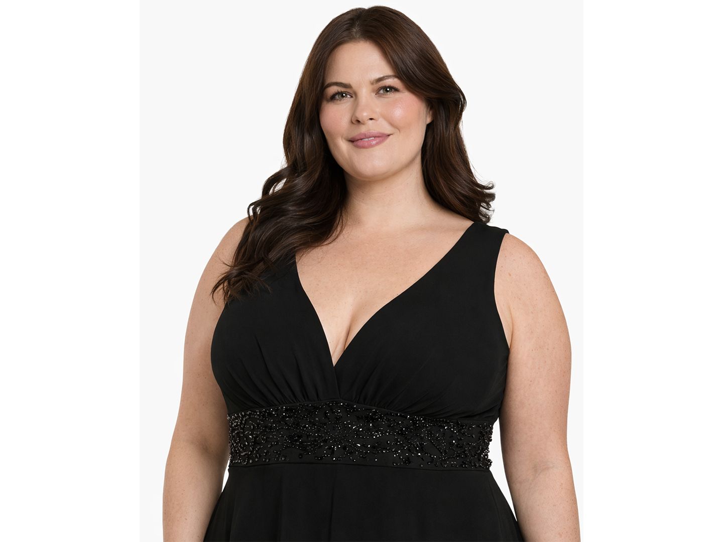 Женское платье R & M Richards Plus Size Sleeveless V-Neck Tired Skirt Front-Slit, цвет: Чёрный — фото 2