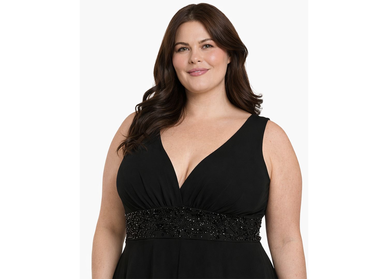 Plus Size Sleeveless V-Neck Tired Skirt Front-Slit Dress