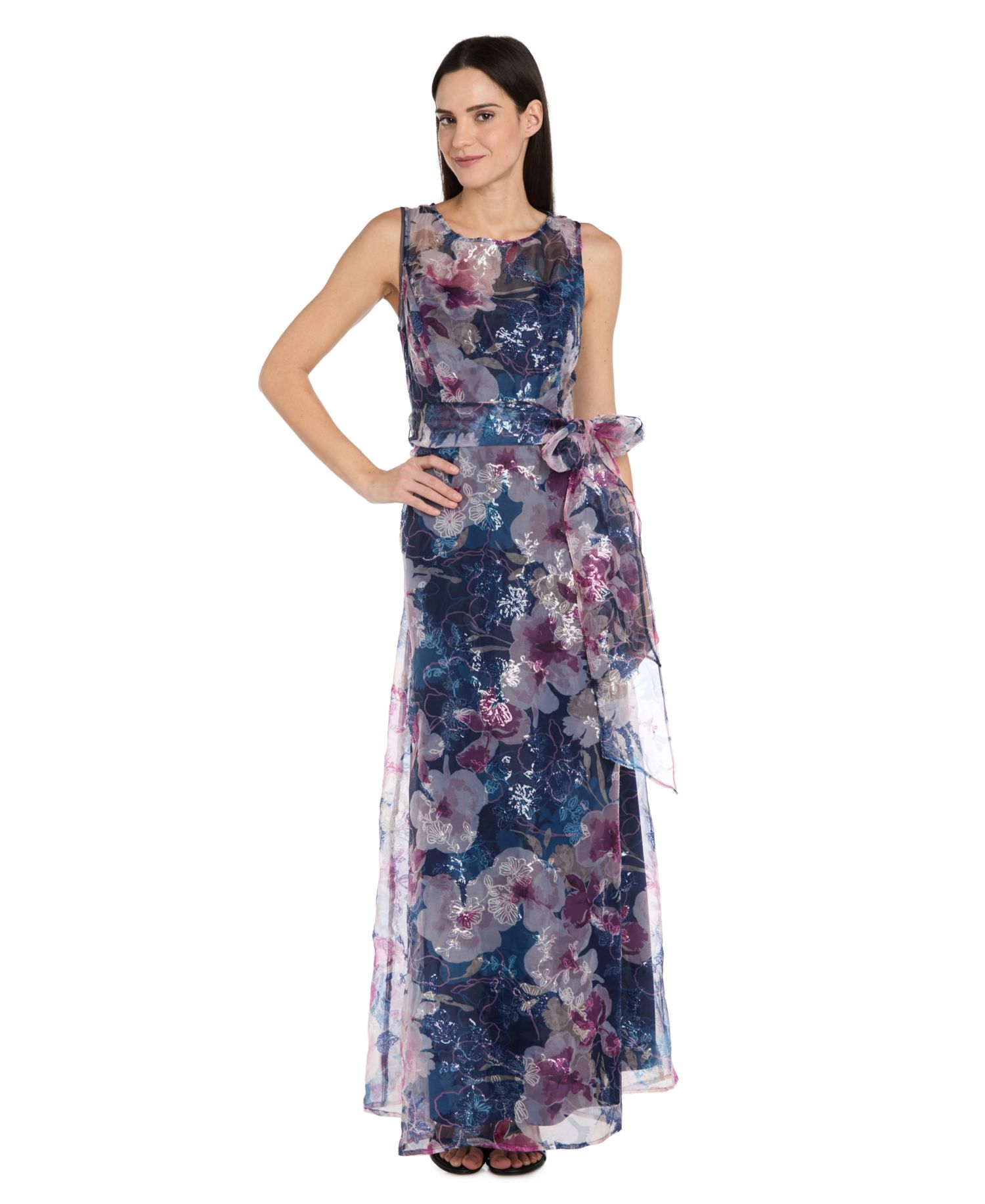 Petite Sequin Printed Self-Tie Sash Long Gown