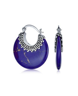 Lapis Turquoise Onyx Round Half Crescent Hoop Earrings Milgrain Sterling Silver Setting