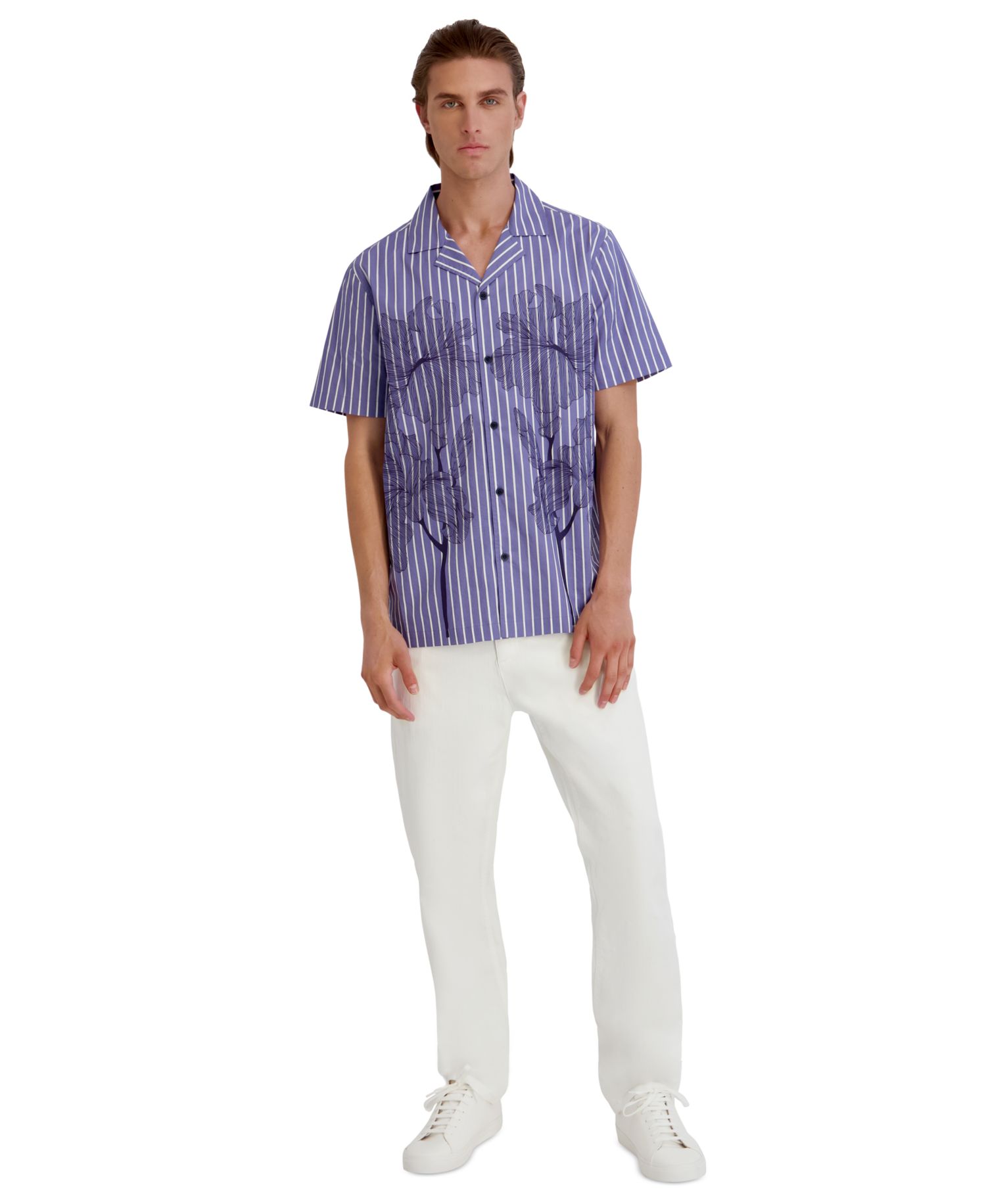 Men's Printed Floral Stripe Camp Collar Shirt