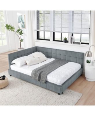 Full Size Daybed L-Shaped, Modern Velvet Upholstered Sofa Day Bed, with Wood Slats, for Living Room Bedroom Guest Room, No Box Spring Needed