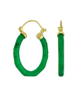 Big Bamboo Design  Jade Hoop Earrings Gold Plated Sterling Silver 1.2 Inch Diameter