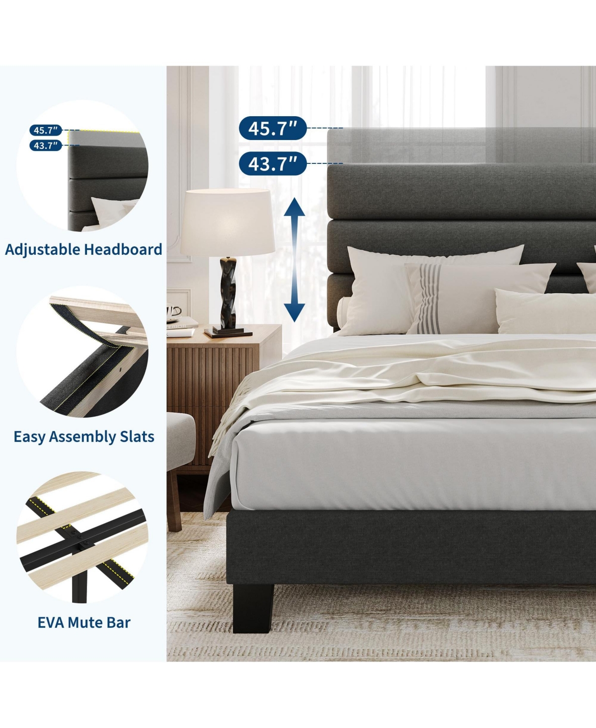 gaomon Linen Upholstered Bed Frame with Adjustable Headboard, Heavy Duty Support