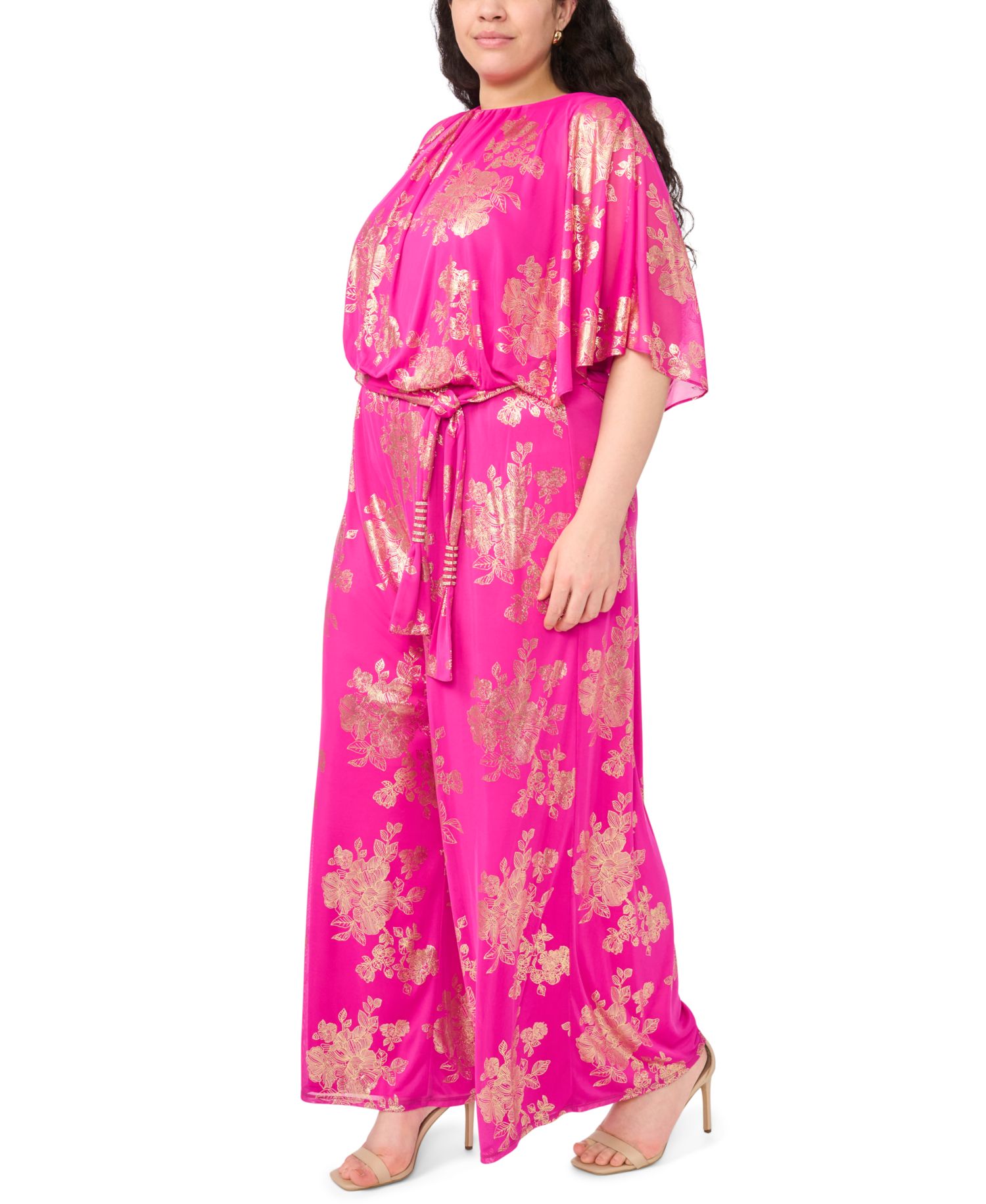 Plus Size Polyester Rhinestone Crewneck Jumpsuit