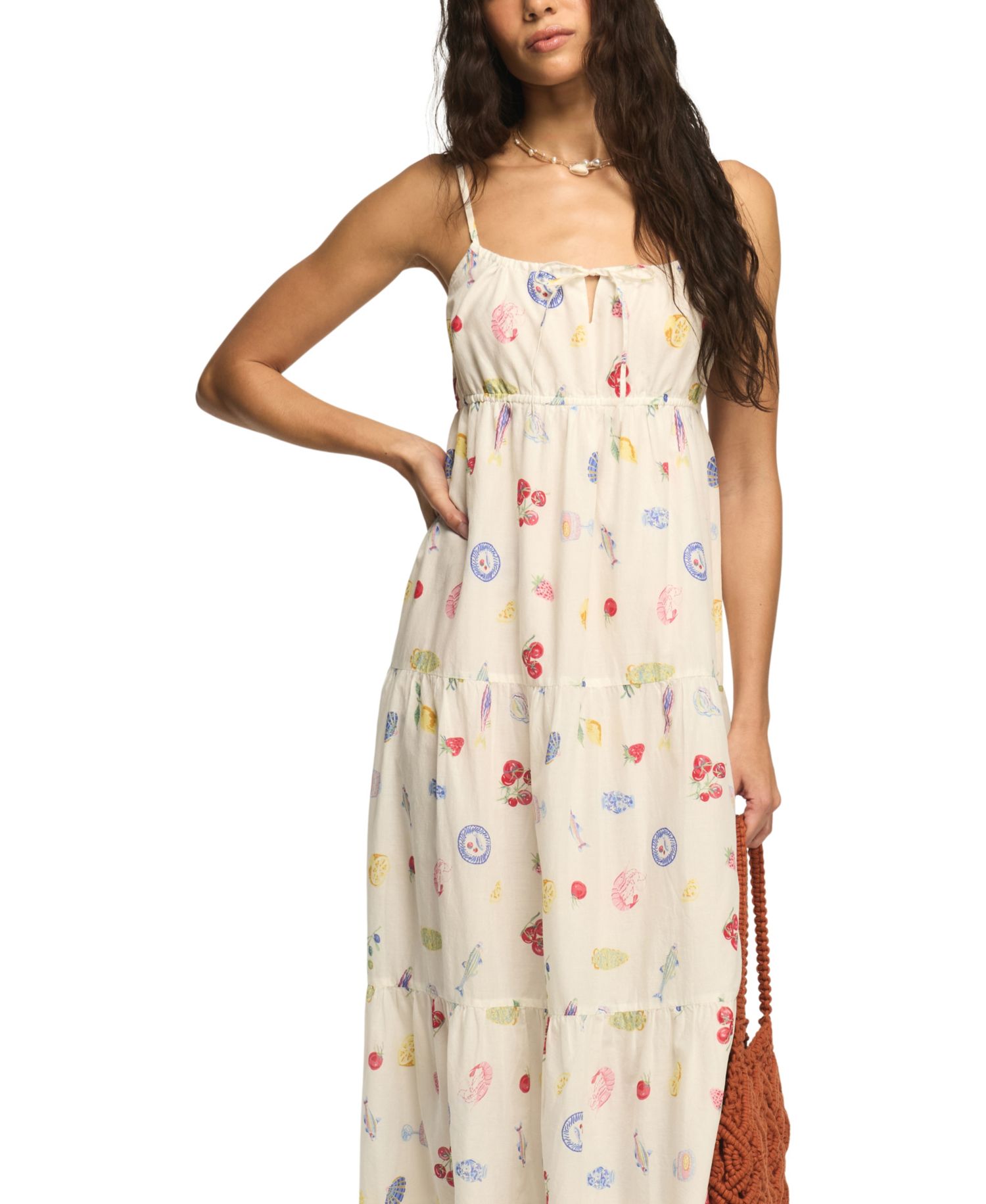 Women's Printed Eyelet Tiered Cotton Midi Dress