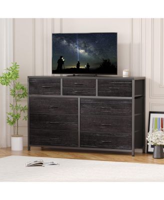 Wide 10 Drawer Fabric Dresser TV Stand, Steel Frame Storage Chest with Wood Top