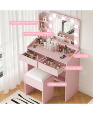 Modern Vanity Desk with Mirror, LED Lights, Power Outlet, USB Ports, 2 Drawers, 3 Lighting Modes, Stool, Hairdryer Holder, Bedroom Makeup Table