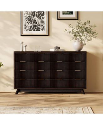 54" Fluted 8 Drawer Dresser with Curved Design and Metal Handles, Wood Storage Chest