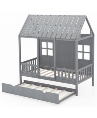 House Bed Frame with Pull-Out Trundle and 82-Inch Roof