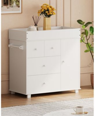 Changing Table Dresser, Nursery Baby Dresser with Drawers and Cabinet, Diaper Changing Station with Pad, Storage Crib