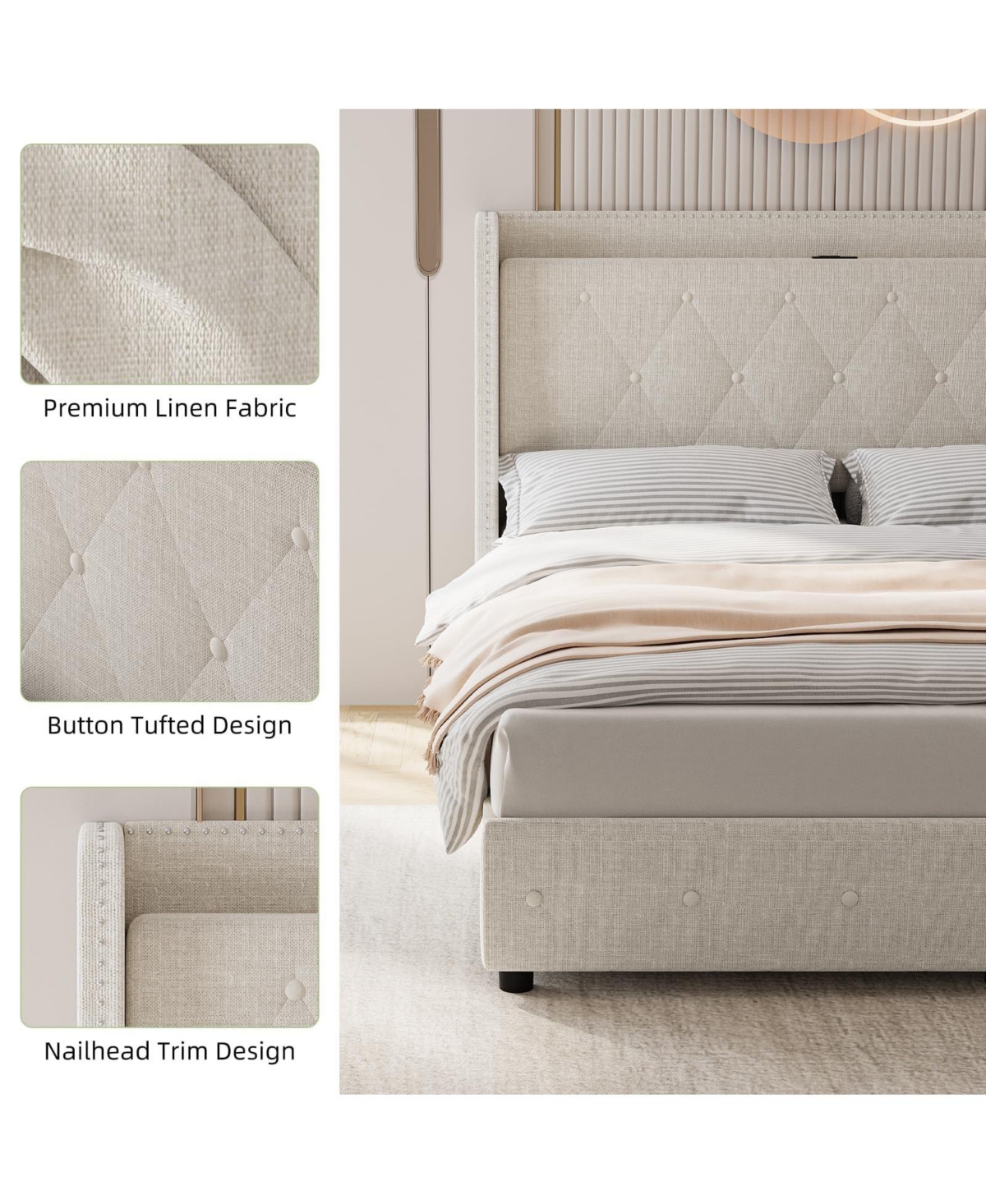 gaomon Upholstered Bed Frame with 4 Drawers, Charging Station and Wingback Headboard