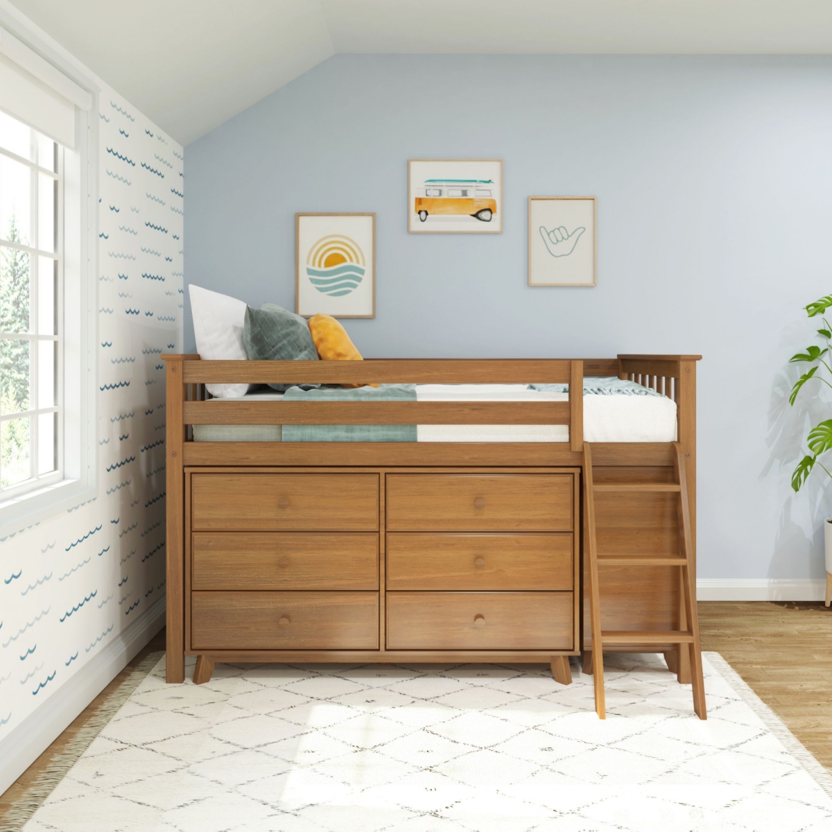 Max & Lily Twin-Size Low Loft with Pull-Out Desk and 3-Drawer Dressers