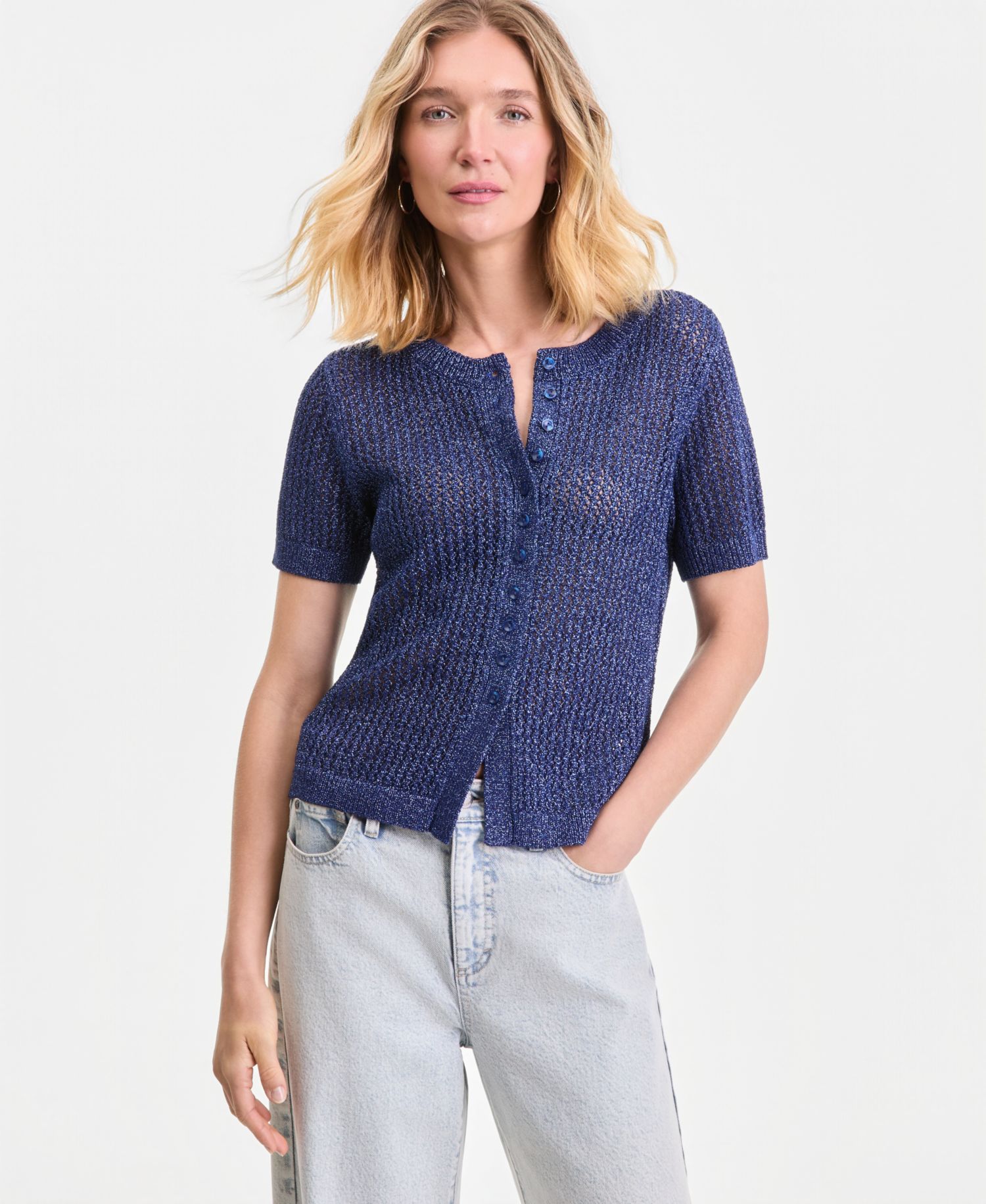 Women's Short-Sleeve Metallic Crochet Cardigan