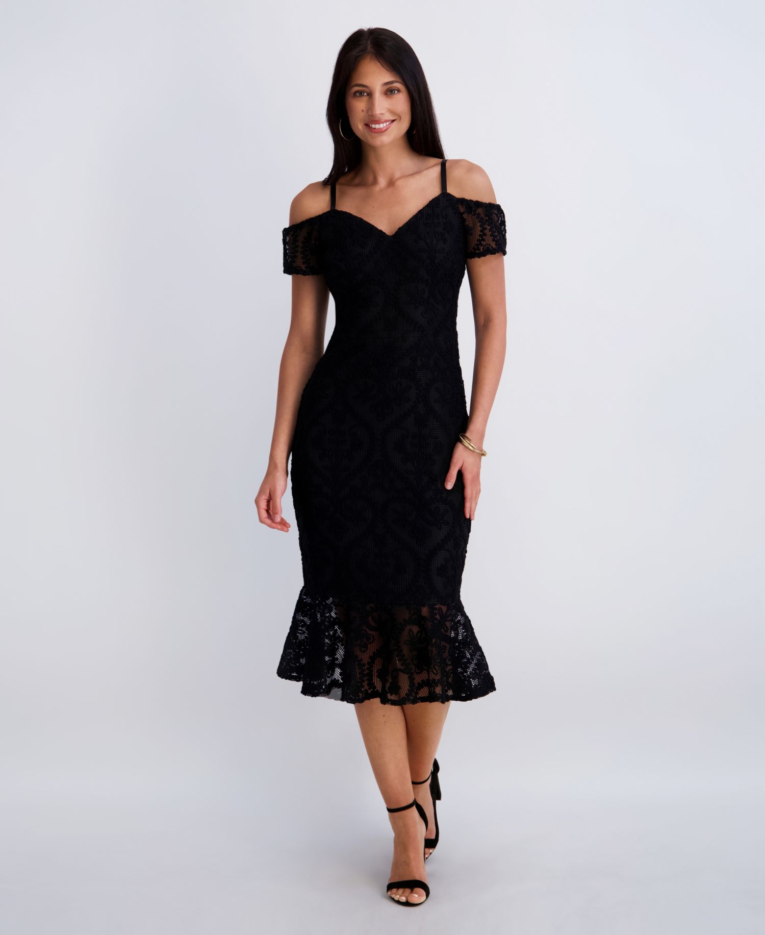 Women's Crochet Lace Removable Straps Sweetheart Neck Midi Dress