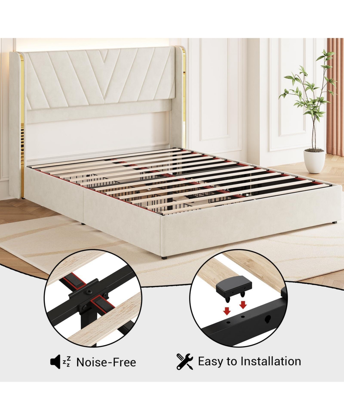 gaomon Velvet Upholstered Bed Frame with Led Lights, 4 Drawers, Wingback Headboard and Charging Station
