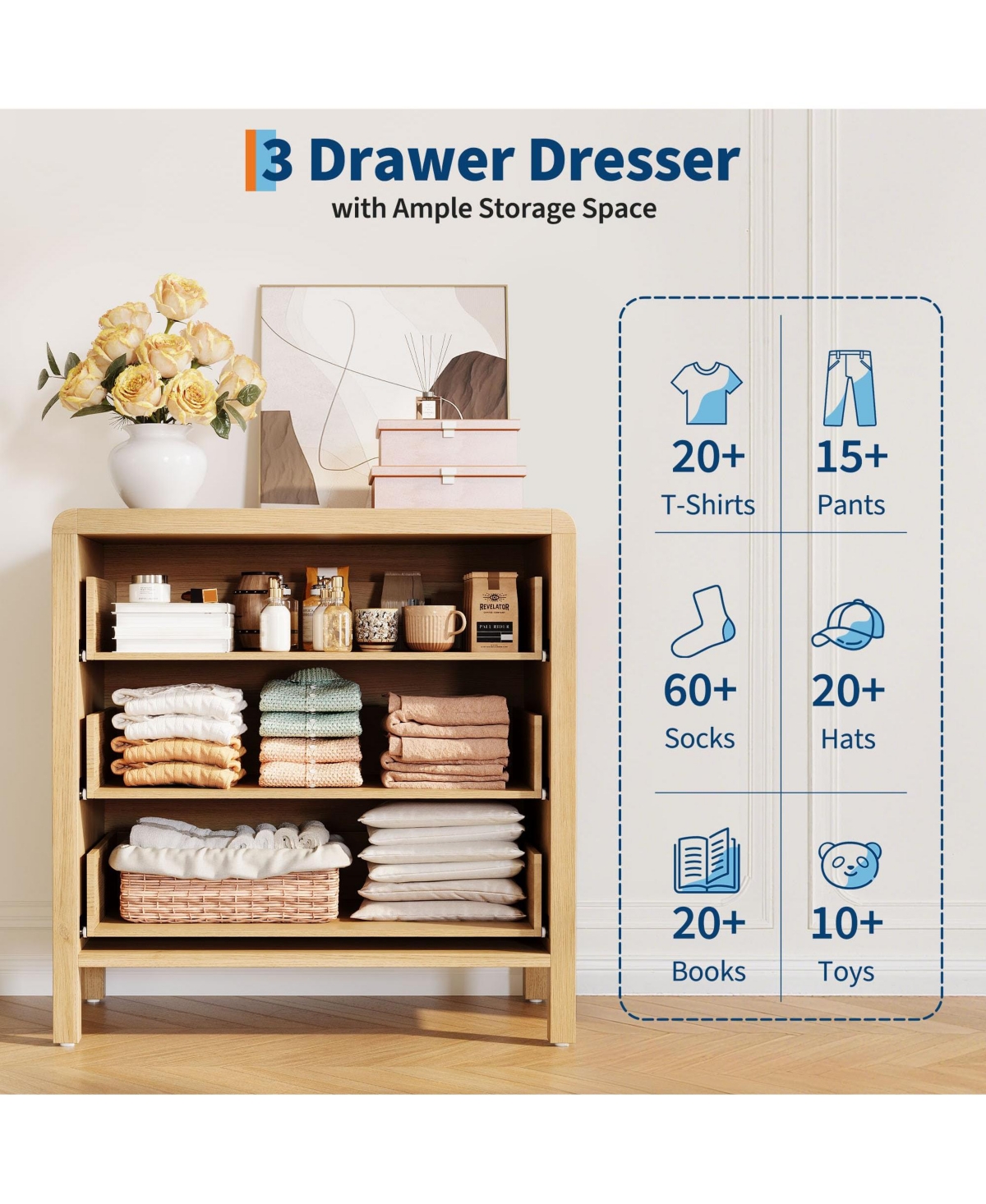 gaomon 3 Drawer Dresser for Bedroom, 30" Tall Storage Chest, Nightstand with Large Clothes Organizer
