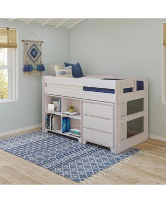 Modern Farmhouse Low Loft Bed, Twin Bed Frame for Kids with 3-Drawer Dresser and 4-Shelf Bookcase