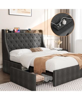 Upholstered Bed Frame with 4 Storage Drawers, Wingback Headboard and Charging Station