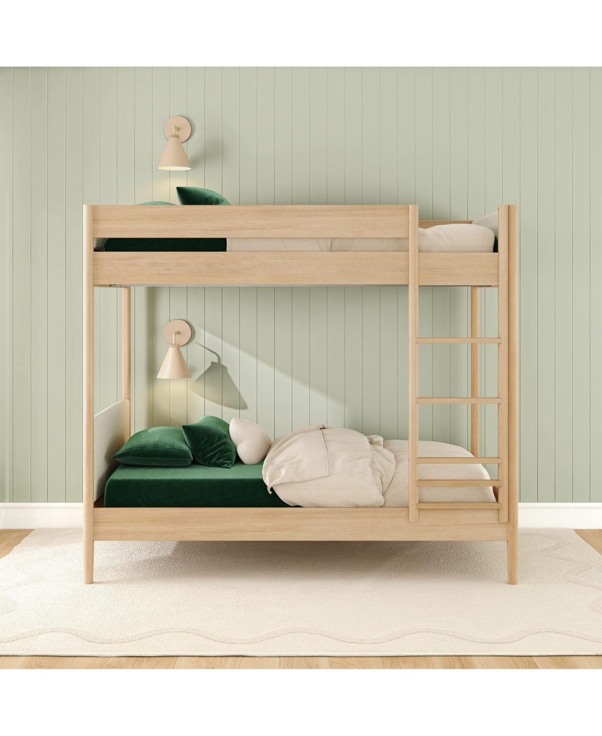Max & Lily Harbor Twin Over Wood Bunk Bed with Upholstered Headboard, Blonde/Swiss Coffee