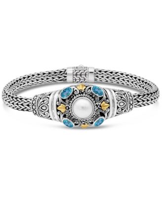 Swiss Topaz, Freshwater Cultured Pearl and Filigree with Dragon Bone Chain Bracelet in Sterling Silver and 18K Gold Accents