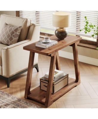 2-Tier Solid Wood End Table, Narrow Side Table, Rectangle Farmhouse Nightstand for Living Room, Bedroom, Easy Assembly