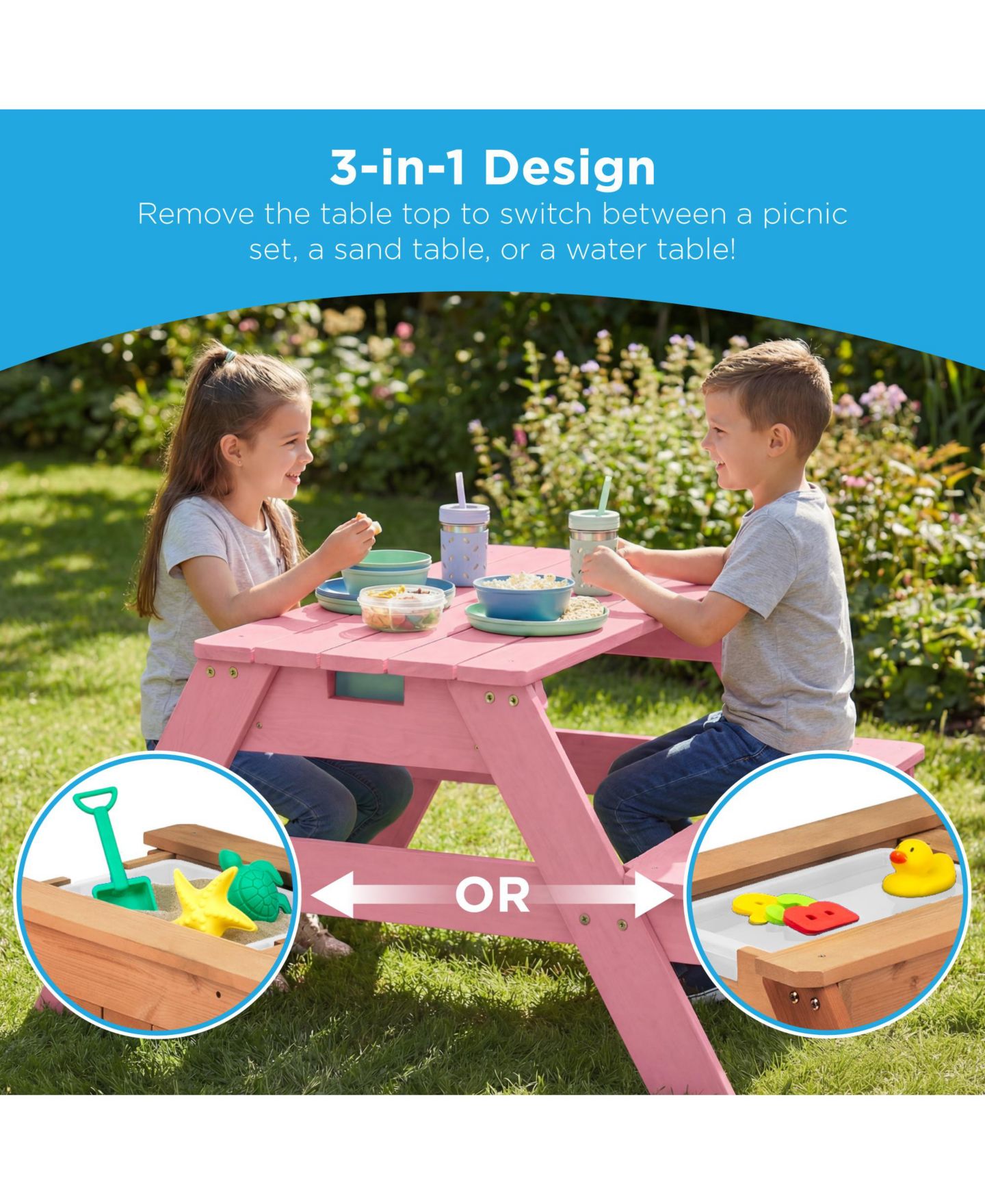 Детская игрушка Best Choice Products 3-in-1 Convertible Hemlock Picnic Table with Adjustable Umbrella, Seats 4, Ages 3+, цвет: Розовый — фото 4