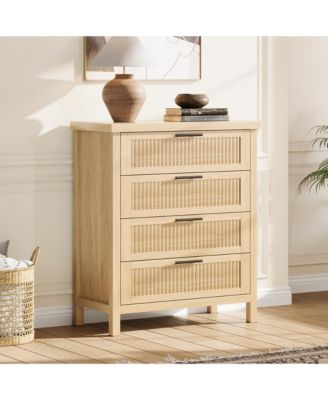 Fluted 4 Drawer Dresser for Bedroom, Rattan Chest of Dressers, Tall Dresser for Closet with Drawers