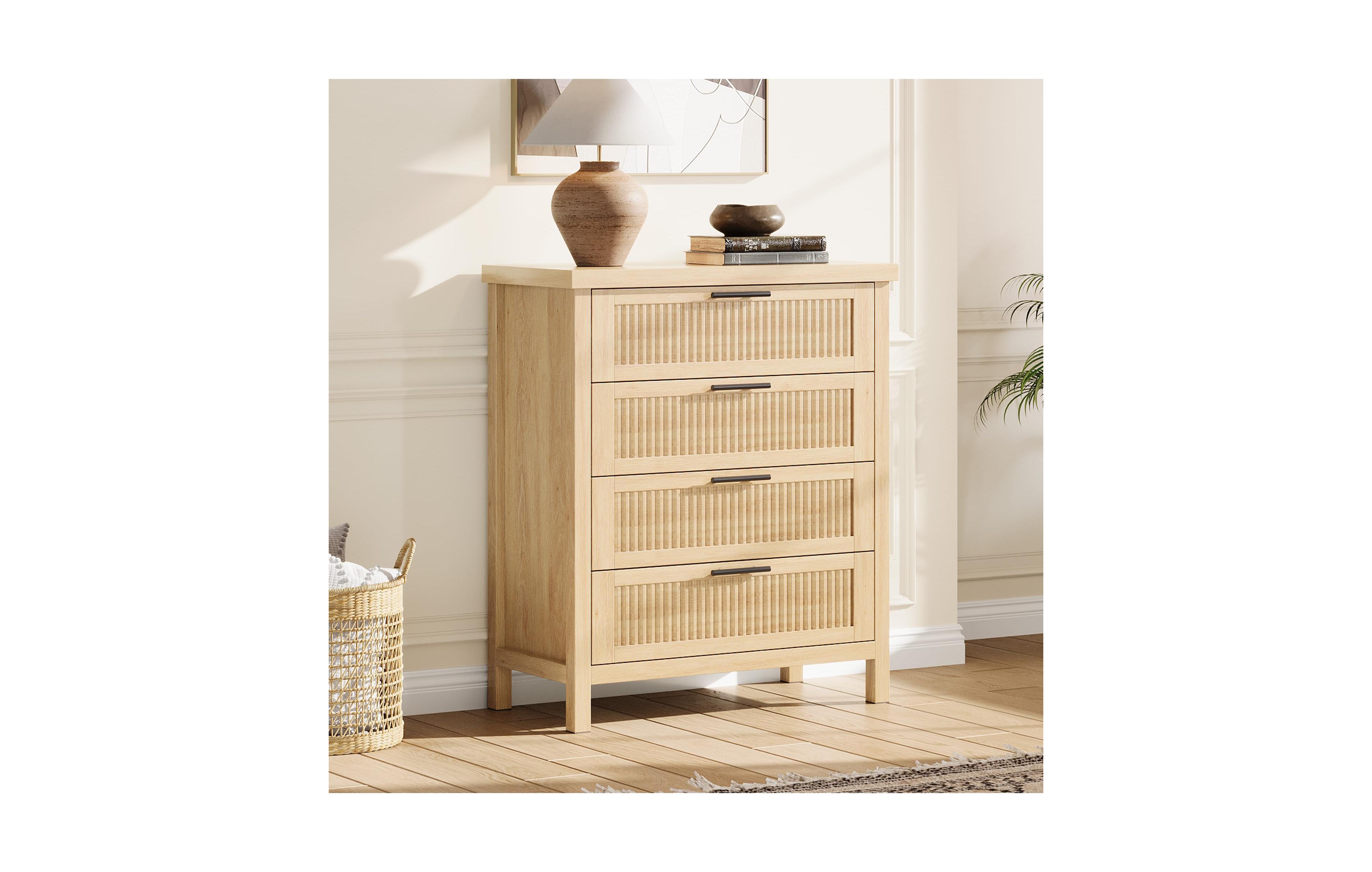 gaomon Fluted 4 Drawer Dresser for Bedroom, Rattan Chest of Dressers, Tall Closet with Drawers