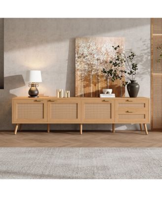 70 inch Modern Cabinet TV Stand with Rattan Doors 2 Drawers & Cable Holes