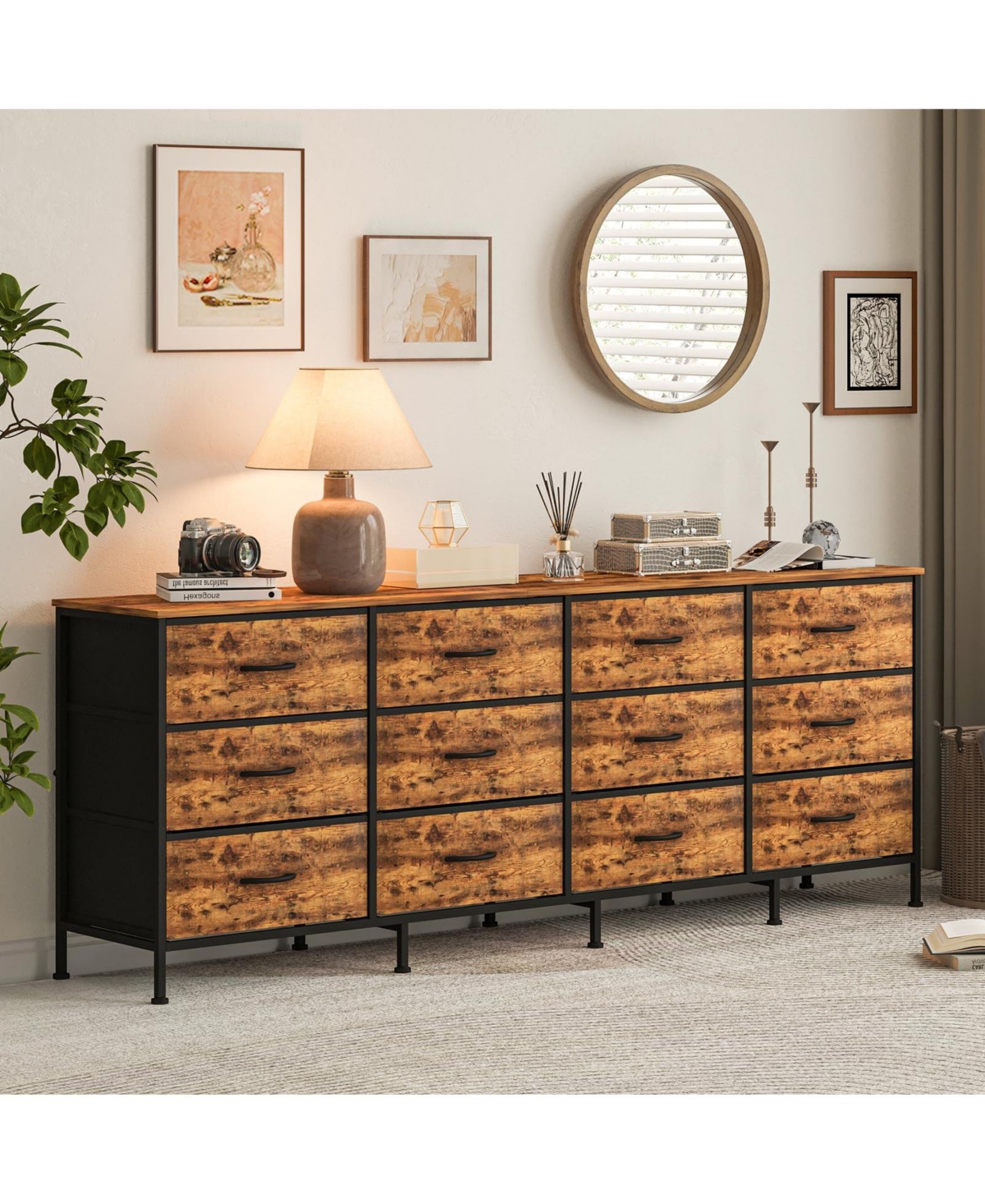 gaomon Tv Stand with 12 Fabric Drawers, Wide Storage Dresser Entertainment Center for Up to 80" Tv