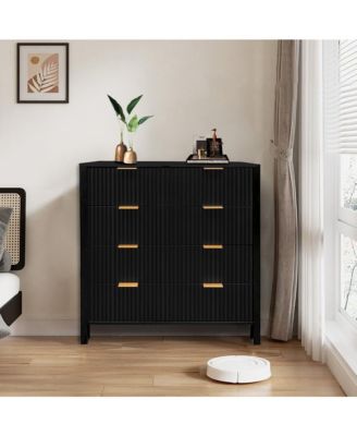 4 Drawer Fluted Dresser for Bedroom, Modern Wood Chest with Gold Handles, Narrow Storage Cabinet or TV Stand
