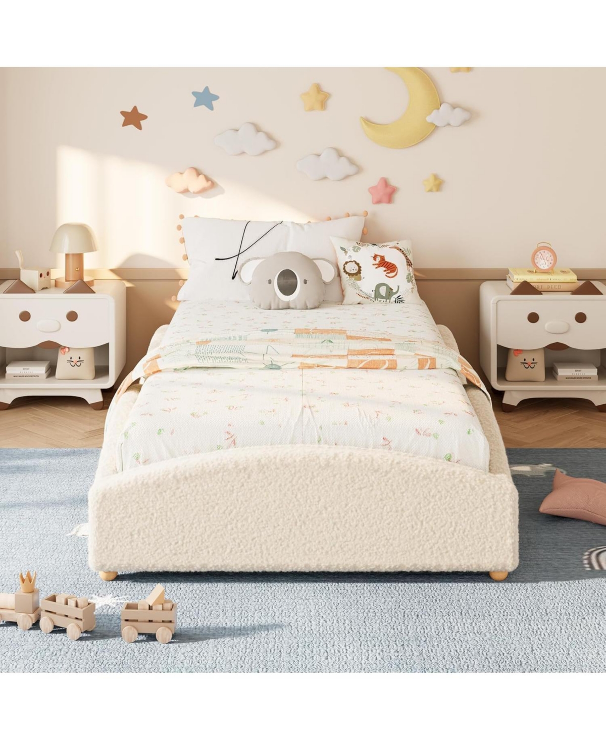 gaomon Twin-xl Size Upholstered Floor Bed for Kids, Teddy Fabric Soft Upholstered Bed Frame with Cloud Shaped Guardrails