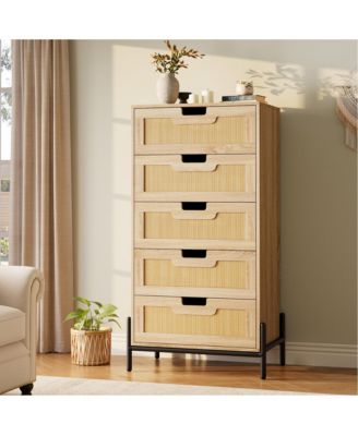 Rattan 5-Drawer Tall Dresser, Wooden Chest with Deep Drawers and Sturdy Legs, Versatile Cabinet for Bedroom