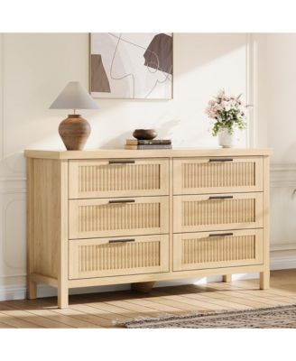Fluted 6 Drawer Dresser for Bedroom, Rattan Chest of Dressers, Tall Dresser for Closet with Drawers