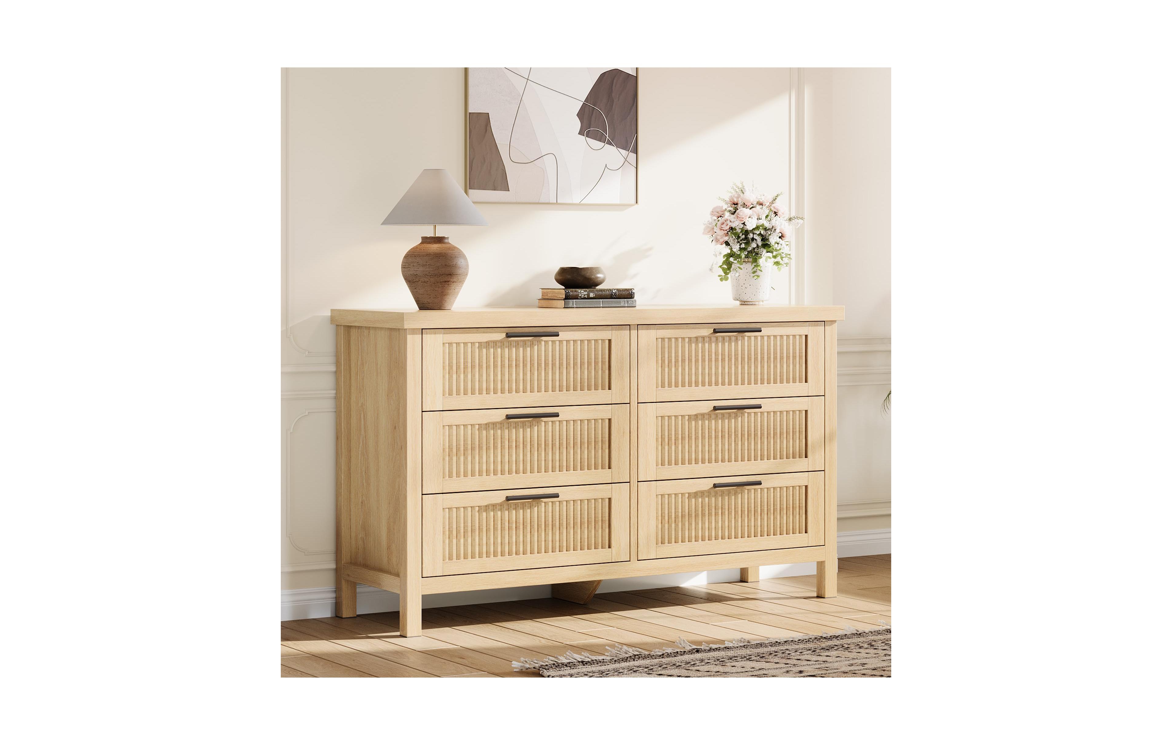 gaomon Fluted 6 Drawer Dresser for Bedroom, Rattan Chest of Dressers, Tall Closet with Drawers