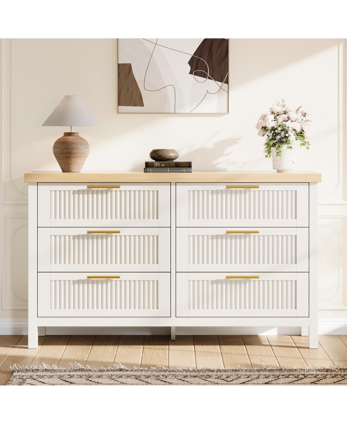 gaomon Fluted 6 Drawer Dresser for Bedroom, Rattan Chest of Dressers, Tall Dresser for Closet with Drawers - White