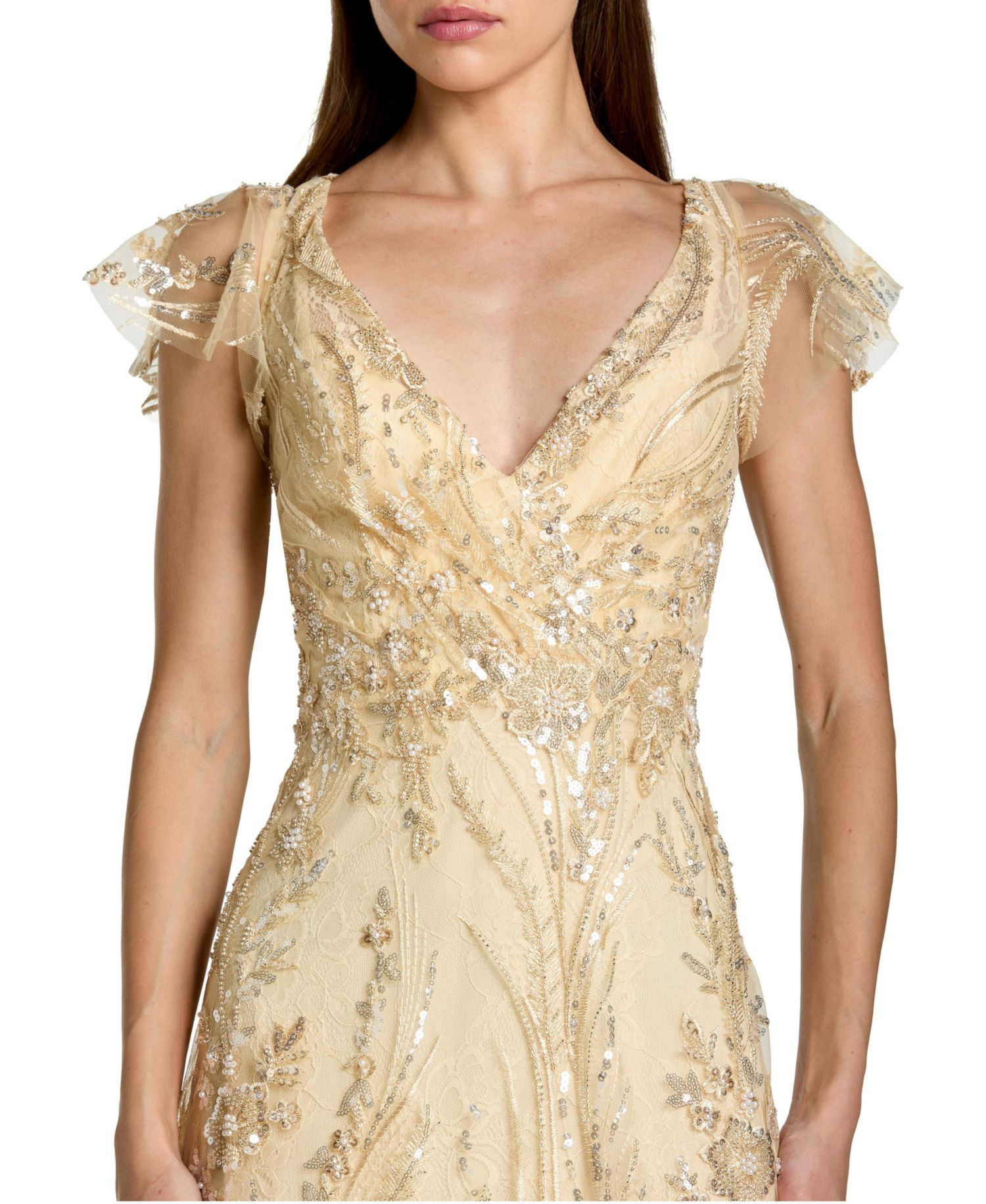 Petite V Neck Flutter Sleeve Floral Embroidered Gown