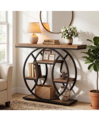 41.3" Console Table, 4-Tier Media Console with Circle Metal Frame, Industrial Sofa Table