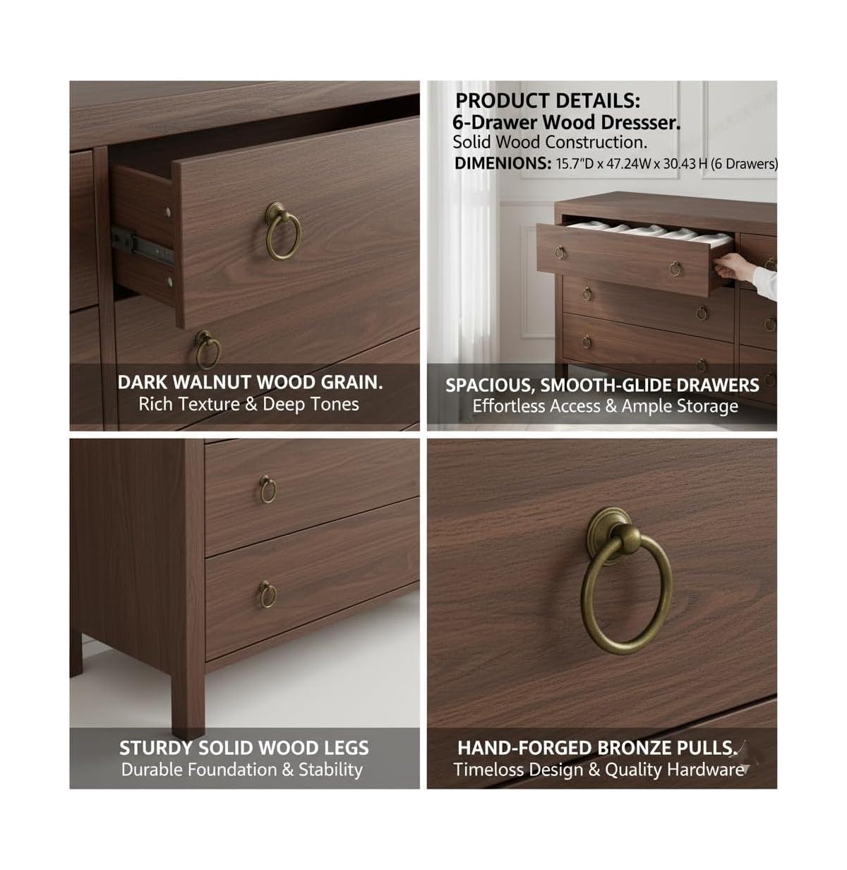 gaomon 6 Drawer Dresser for Bedroom, Wood Dresser with Large Storage Drawers, Modern Curved Angle Clothes Organizer for Closet