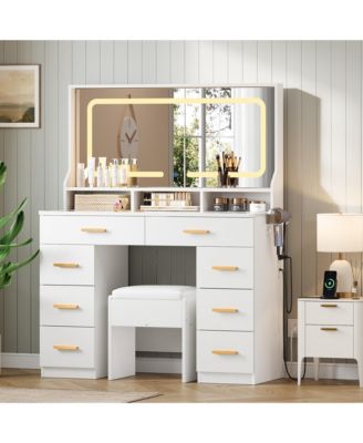 Makeup Vanity Desk Set with Large Lighted Mirror, 8 Drawers, 3 Storage Shelves, Glass Top, Stool, Built-in Power Outlet