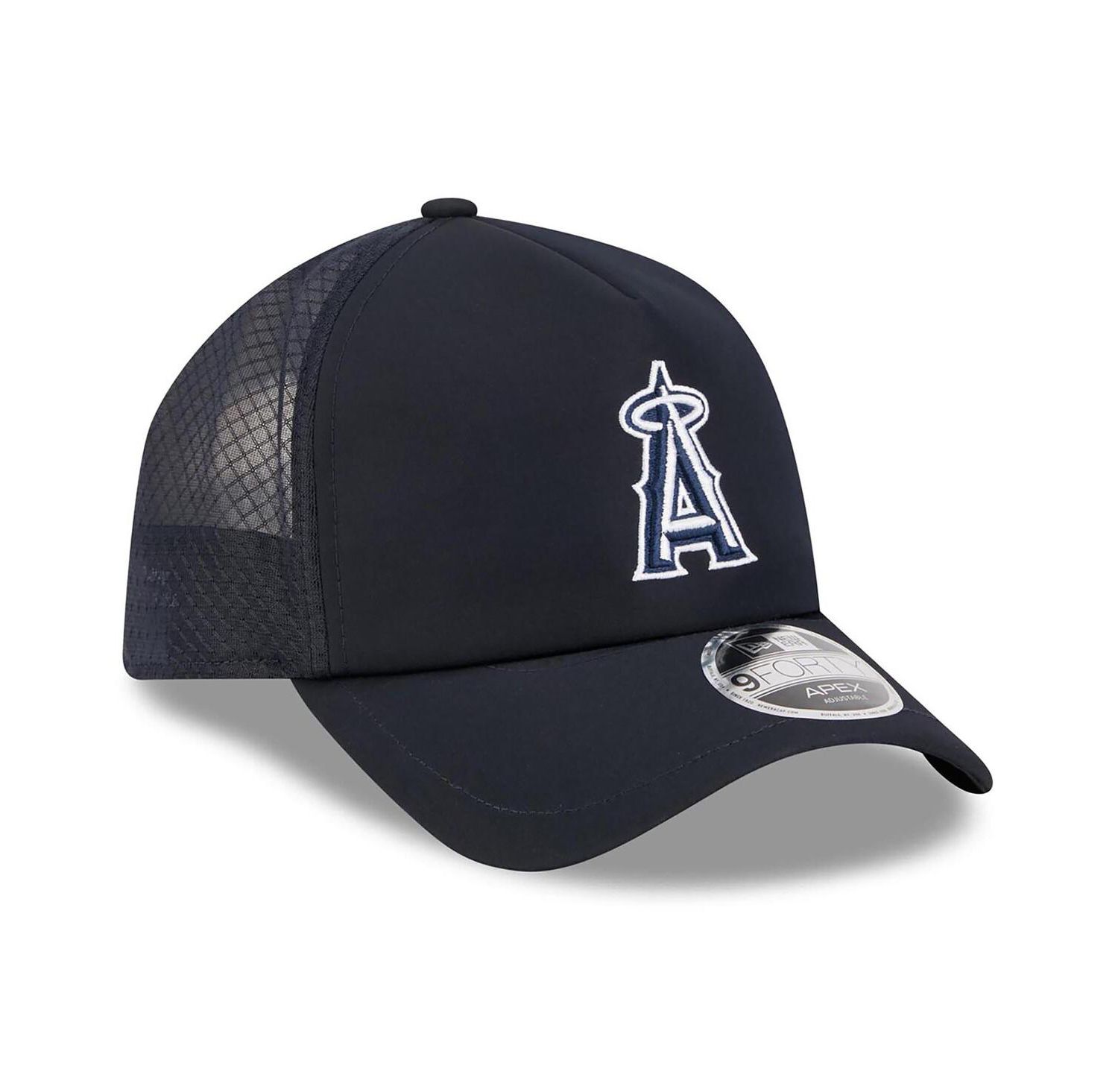 Men's Navy Los Angeles Angels 2026 Batting Practice Apex 9FORTY Adjustable Trucker Hat