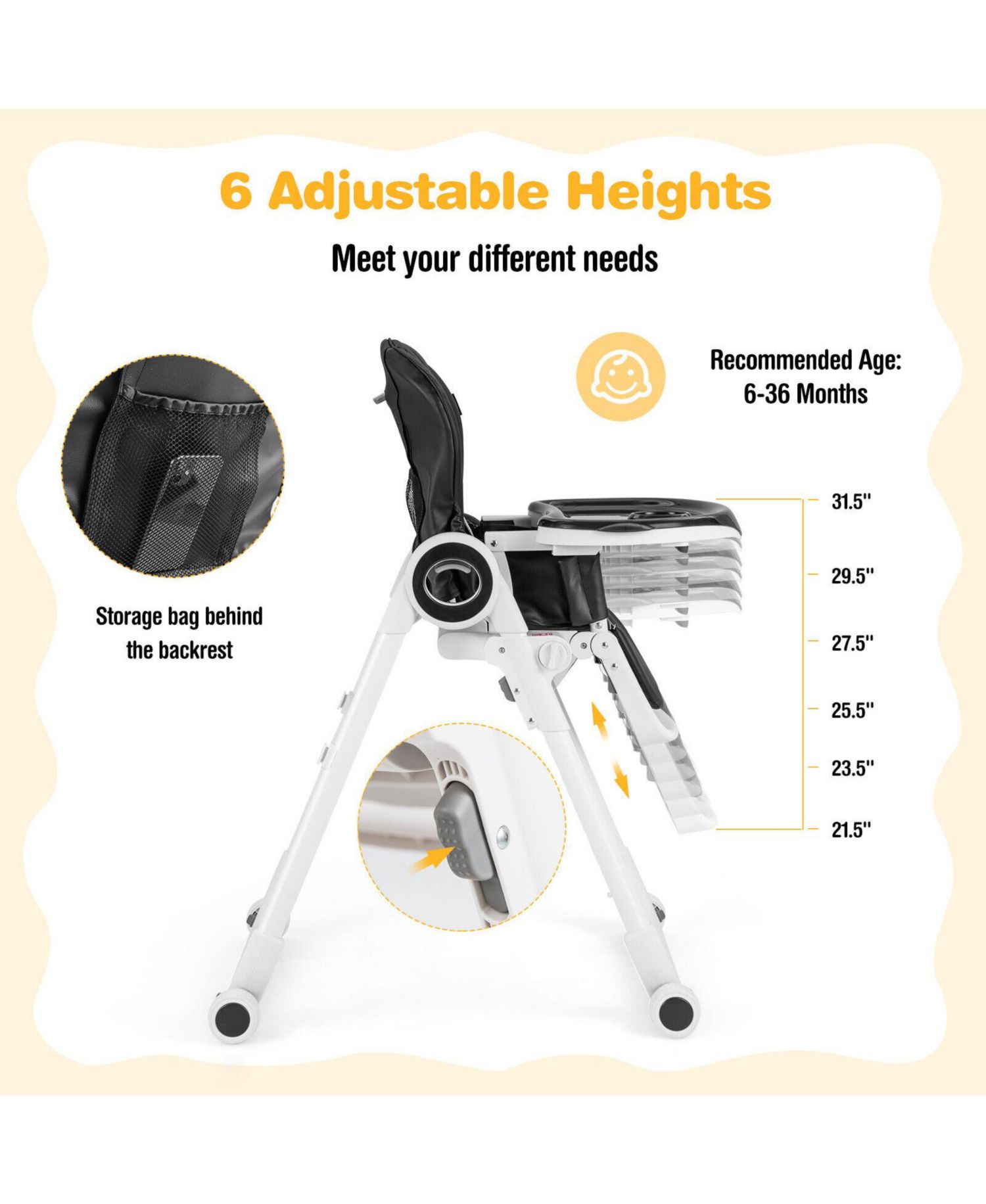 Baby Foldable High Chair with 4 Lockable Wheels and Double Tray